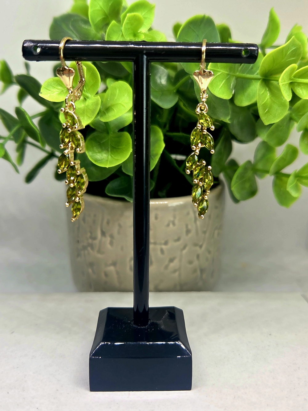Green Dangle Crystal Leaf Earrings